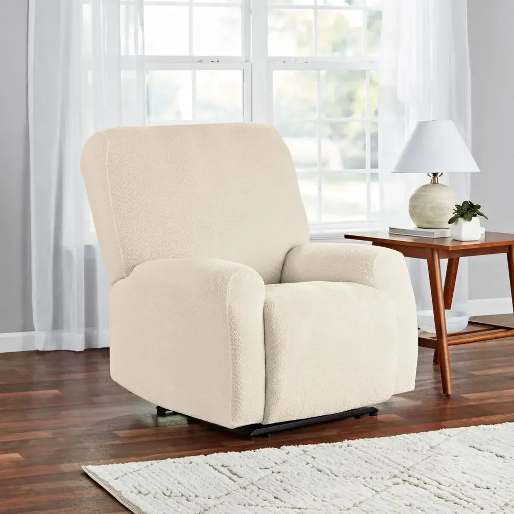 Mainstays Boucle Stretch-to-Fit Fabric Recliner Slipcover, 4-Piece, Beige